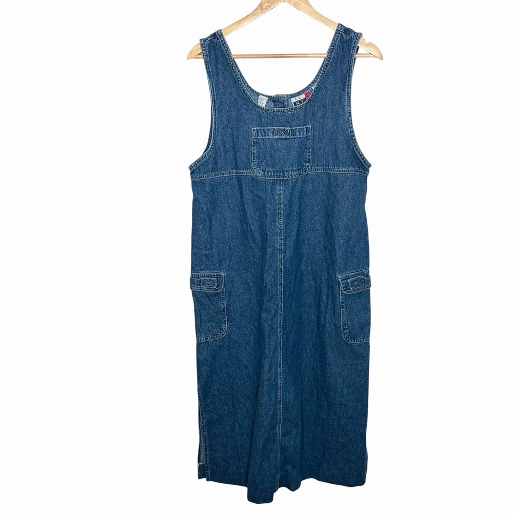 Vintage 90s Denim Cargo Midi Jumper Dress Womens Large Western Pinafore Overall